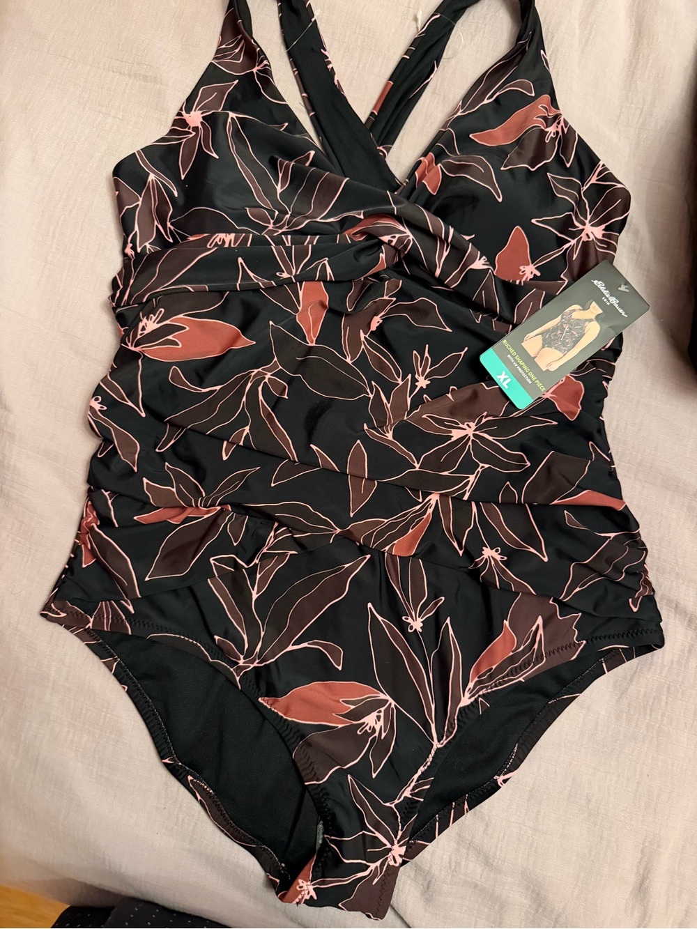 Eddie Bauer Black One-Piece Swimsuit with Pink and Brown Leaf Print